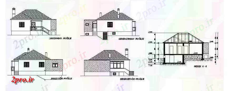 دانلود نقشه مسکونی ، ویلایی ، آپارتمان کوچک یک خانه خانواده تمام نما طرفه و بخش جزئیات 12 در 13 متر (کد119528)