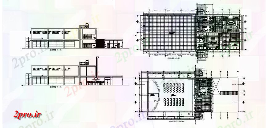 دانلود نقشه تئاتر چند منظوره - سینما - سالن کنفرانس - سالن همایشجلو و بخش و طرحی طبقه تماس جزئیات مربوط به سالن های سالن ساخت 13 در 19 متر (کد119686)