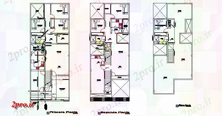 دانلود نقشه مسکونی ، ویلایی ، آپارتمان اول، دوم و طبقه تراس جزئیات طرحی های تک خانواده خانه 8 در 18 متر (کد119706)