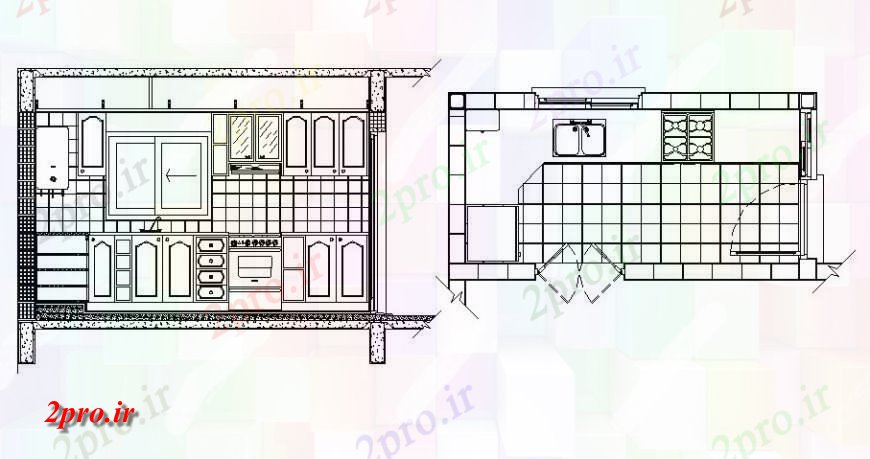دانلود نقشه جزئیات طراحی ساخت آشپزخانه یک برنامه کاری آشپزخانه با نما    (کد119726)