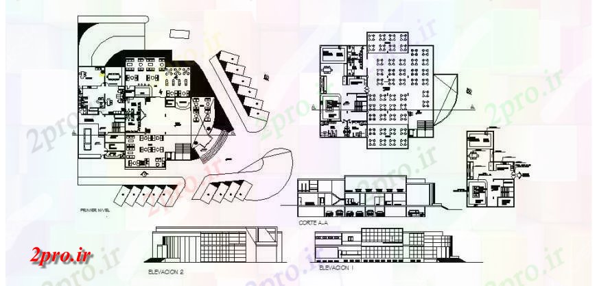 دانلود نقشه هتل - رستوران - اقامتگاه رستوران سه طبقه-نما، بخش، طرحی طبقه و خودکار 38 در 54 متر (کد119772)