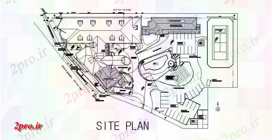 دانلود نقشه هتل - رستوران - اقامتگاه کلبه هتل طرحی سایت طرح 44 در 55 متر (کد119779)