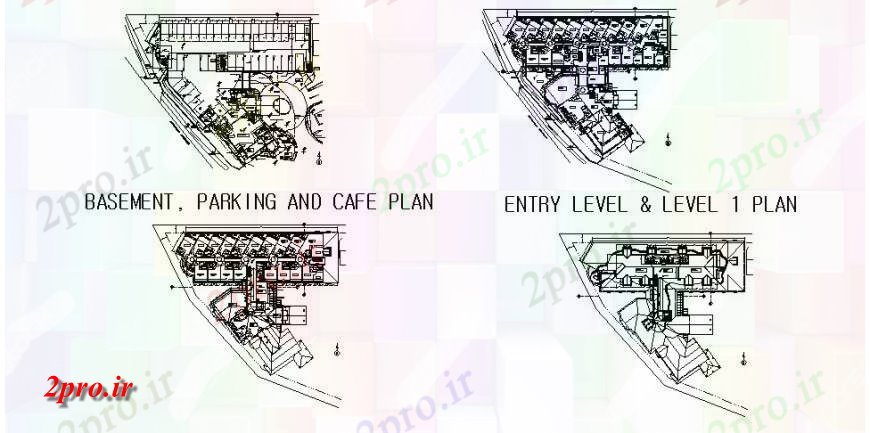 دانلود نقشه هتل - رستوران - اقامتگاه زیرزمین، اول، دوم و سوم جزئیات طرحی طبقه از کلبه هتل طراحی جزئیات 62 در 63 متر (کد119780)