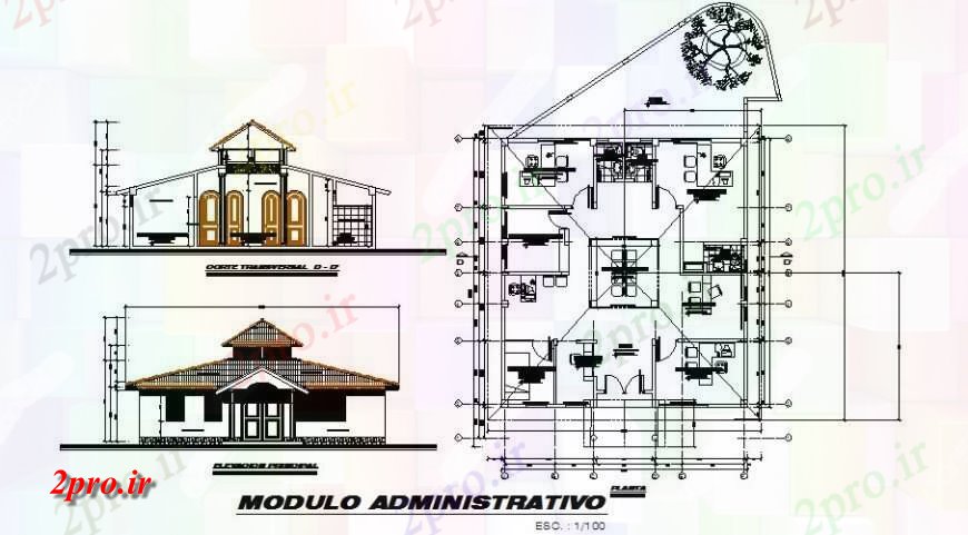 دانلود نقشه جزئیات و طراحی داخلی دفتر دولت ساختمان اداری 47 در 52 متر (کد119817)