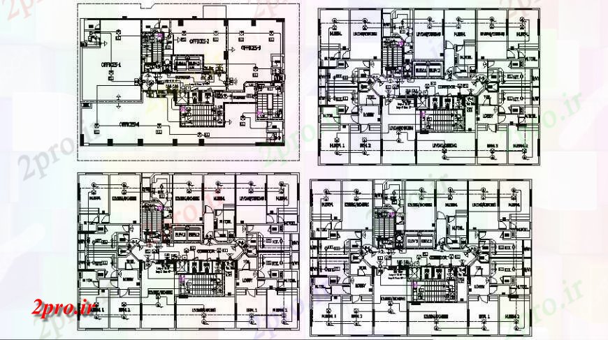 دانلود نقشه ساختمان اداری - تجاری - صنعتی بلوک های ساختمان دفتر در اتوکد 25 در 30 متر (کد119877)