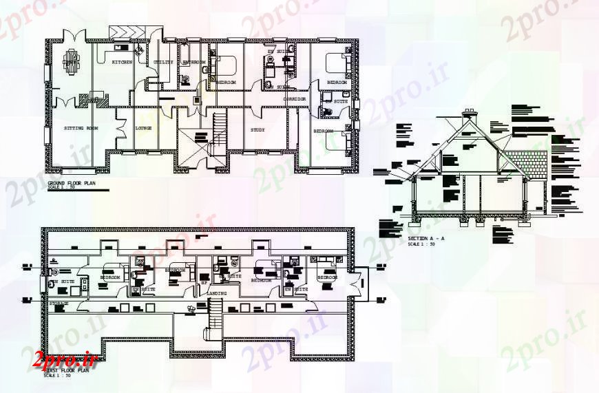 دانلود نقشه مسکونی ، ویلایی ، آپارتمان بخش خانه و زمین و اولین توزیع کف طرحی های 10 در 23 متر (کد119951)