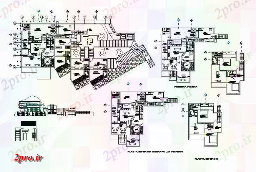 دانلود نقشه هتل - رستوران - اقامتگاه هتل چند طبقه ساختمان چهار ستاره نما، بخش و کف طرحی های 13 در 36 متر (کد119961)