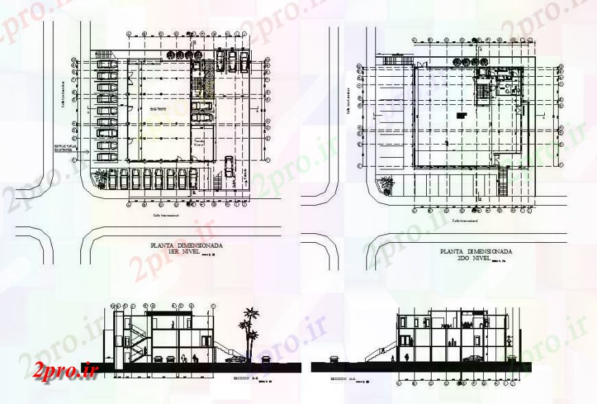 دانلود نقشه مسکونی ، ویلایی ، آپارتمان آپارتمان با بخش مغازه ها، اولین و طبقه دوم طرحی 22 در 22 متر (کد119969)