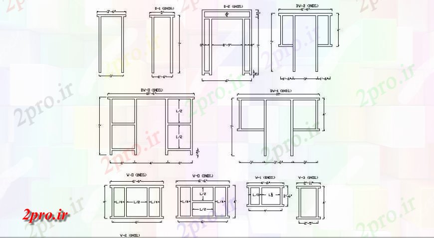 دانلود نقشه جزئیات طراحی در و پنجره  تنها و دو درب پنجره های قدرت نما برای  خانه طراحی جزئیات  (کد119982)