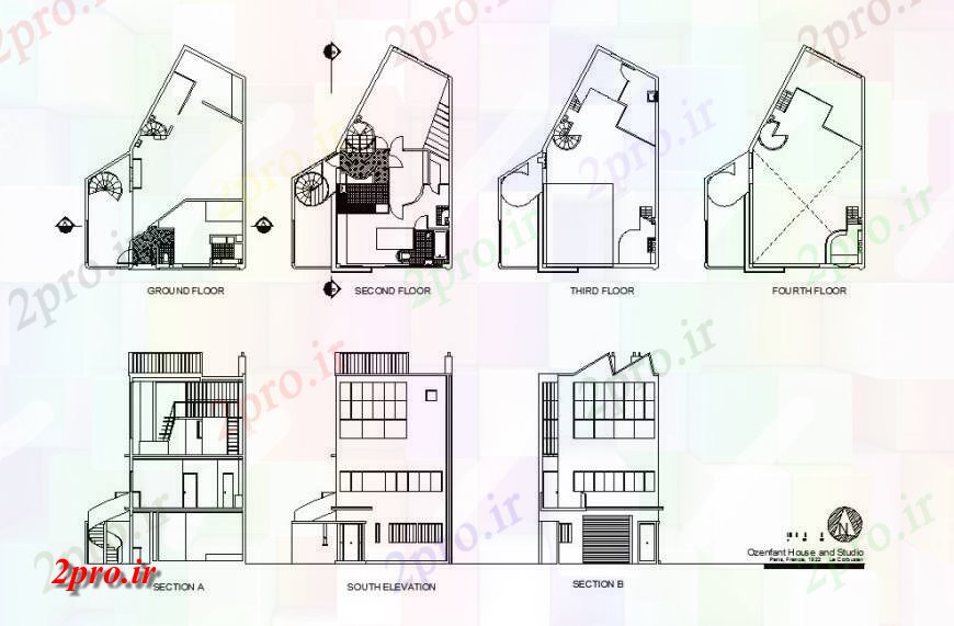 دانلود نقشه مسکونی ، ویلایی ، آپارتمان چهار دان نما ساختمان های مسکونی، بخش و طرحی طبقه 9 در 12 متر (کد119994)
