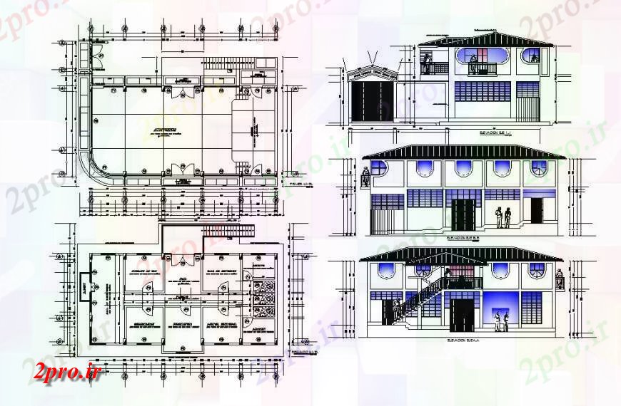 دانلود نقشه ساختمان دولتی ، سازمانی سالن اجتماعات ساختمان نما، بخش و طرحی های 8 در 16 متر (کد120002)
