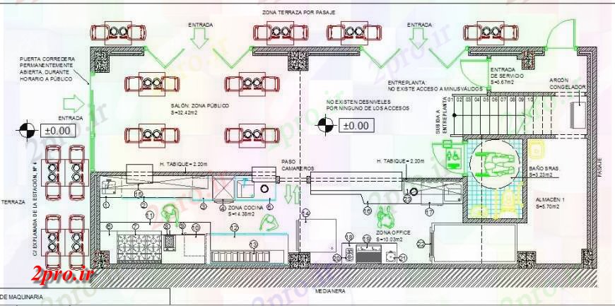 دانلود نقشه هتل - رستوران - اقامتگاه پیتزا فروشی رستوران طبقه همکف طرح 6 در 14 متر (کد120011)