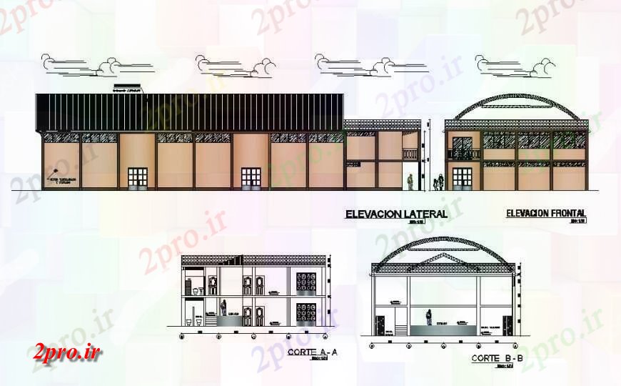 دانلود نقشه ساختمان دولتی ، سازمانی مرکز اجتماعات ساخت نما اصلی و پشت و بخش 16 در 40 متر (کد120026)