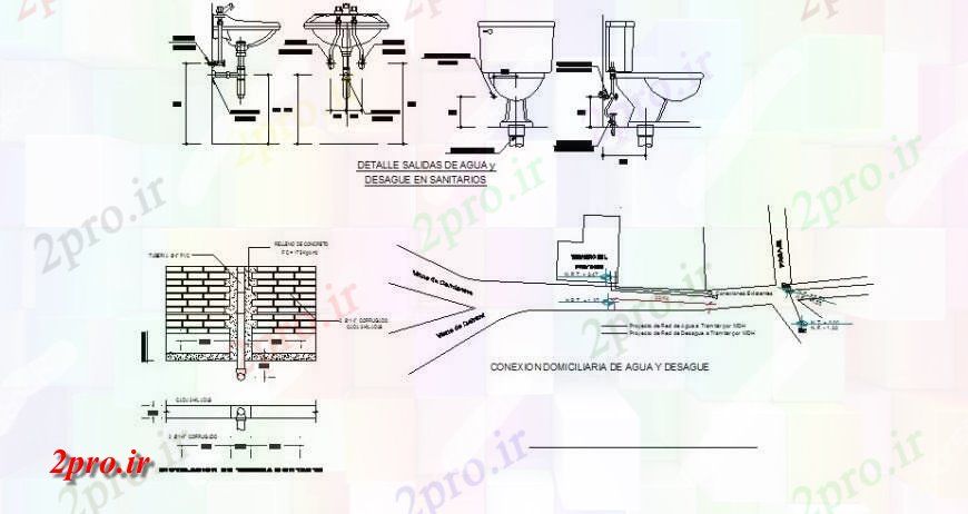دانلود نقشه جزئیات لوله کشی سیستم آب و لوله کشی جزئیات هیدرولیک ساختار برای تجهیزات بهداشتی  (کد120032)