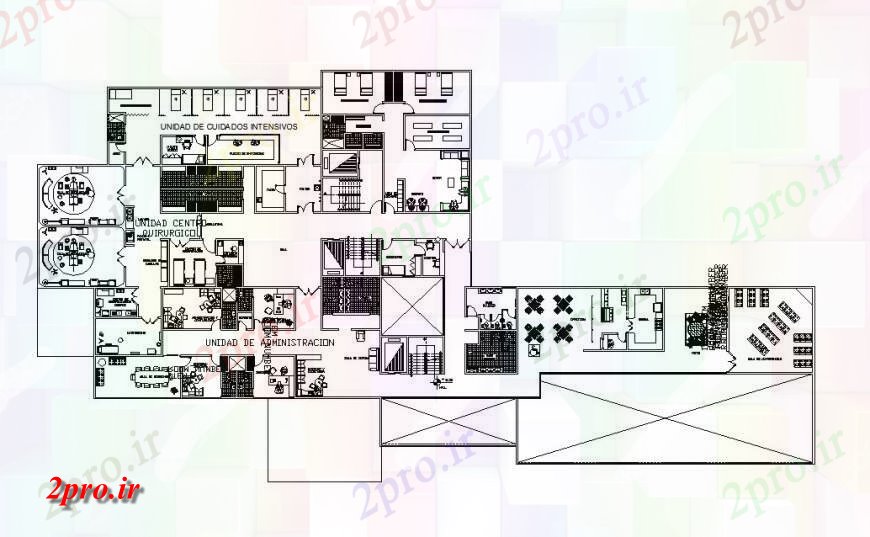 دانلود نقشه بیمارستان - درمانگاه - کلینیک جزئیات طرحی توزیع طبقه دوم بیمارستان ساخت 28 در 68 متر (کد120046)
