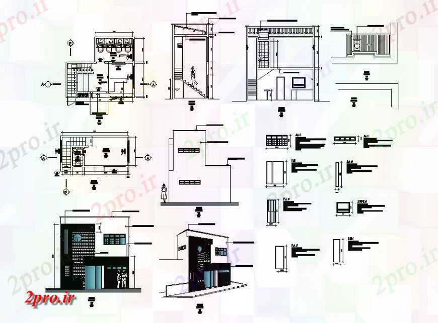 دانلود نقشه ساختمان اداری - تجاری - صنعتی ساختمان تجاری دو طبقه نما، بخش، طرحی طبقه و خودکار 6 در 6 متر (کد120050)