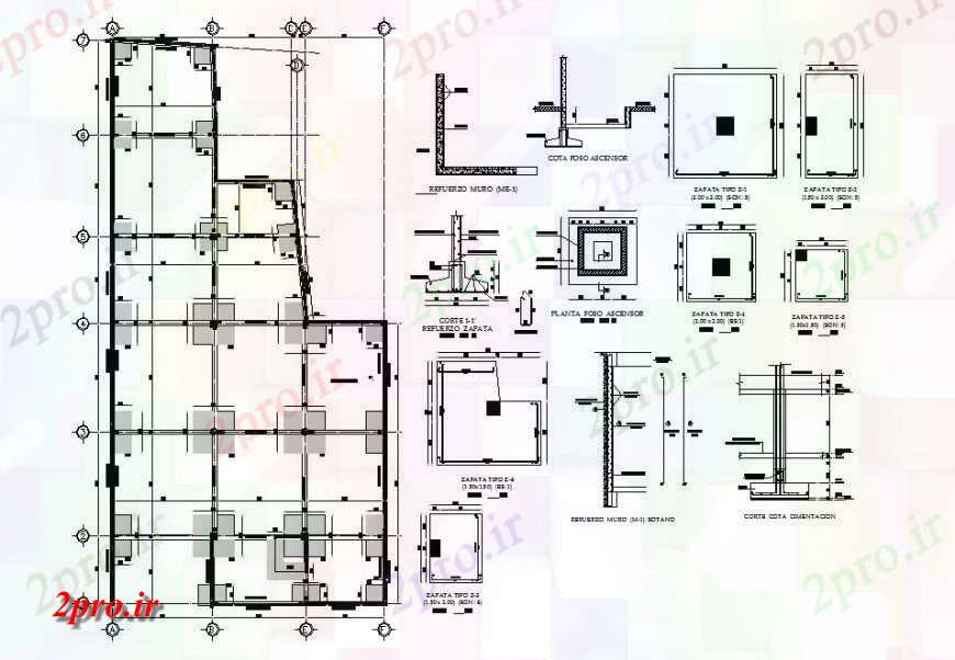 دانلود نقشه طراحی جزئیات ساختار بنیاد جزئیات ساختار طرحی با ستون، تیر و مبنایی  (کد120068)
