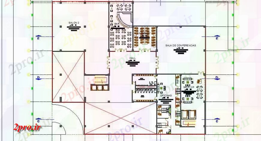 دانلود نقشه تئاتر چند منظوره - سینما - سالن کنفرانس - سالن همایشسوم جزئیات طرحی توزیع کف سالن سالن 45 در 89 متر (کد120077)