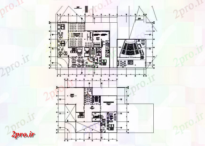 دانلود نقشه تئاتر چند منظوره - سینما - سالن کنفرانس - سالن همایشاول و دوم جزئیات طرحی توزیع کف سالن سالن ساخت 45 در 89 متر (کد120078)