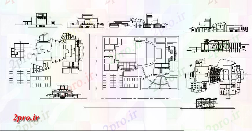 دانلود نقشه تئاتر چند منظوره - سینما - سالن کنفرانس - سالن همایشتئاتر طرحی ساختمان کار با نما 59 در 90 متر (کد120093)