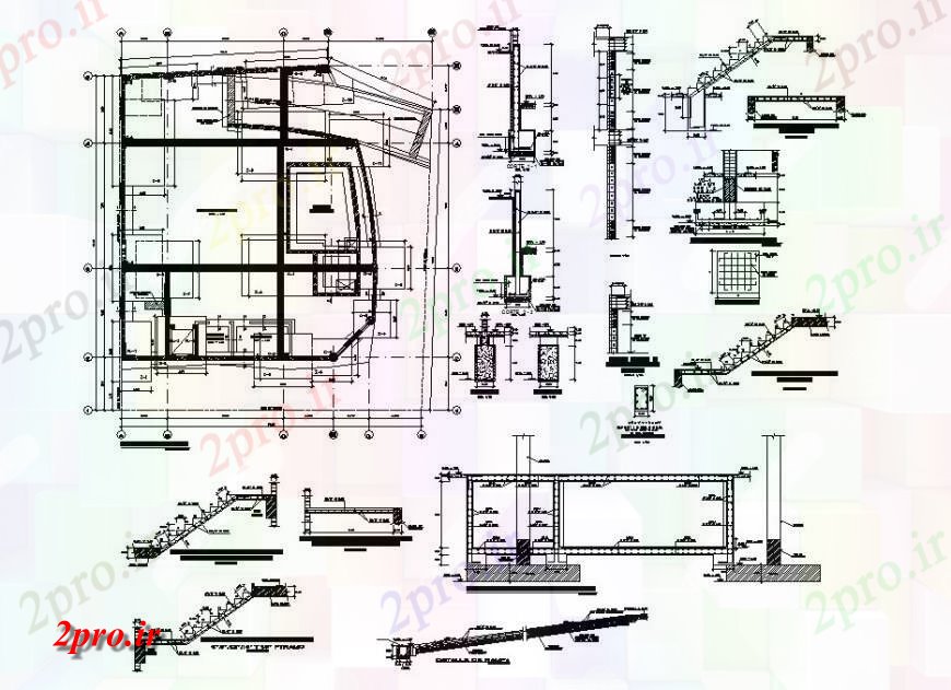 دانلود نقشه طراحی جزئیات ساختار طرحی بنیاد، راه پله و چند جزئیات ساختار سازنده ساخت (کد120131)