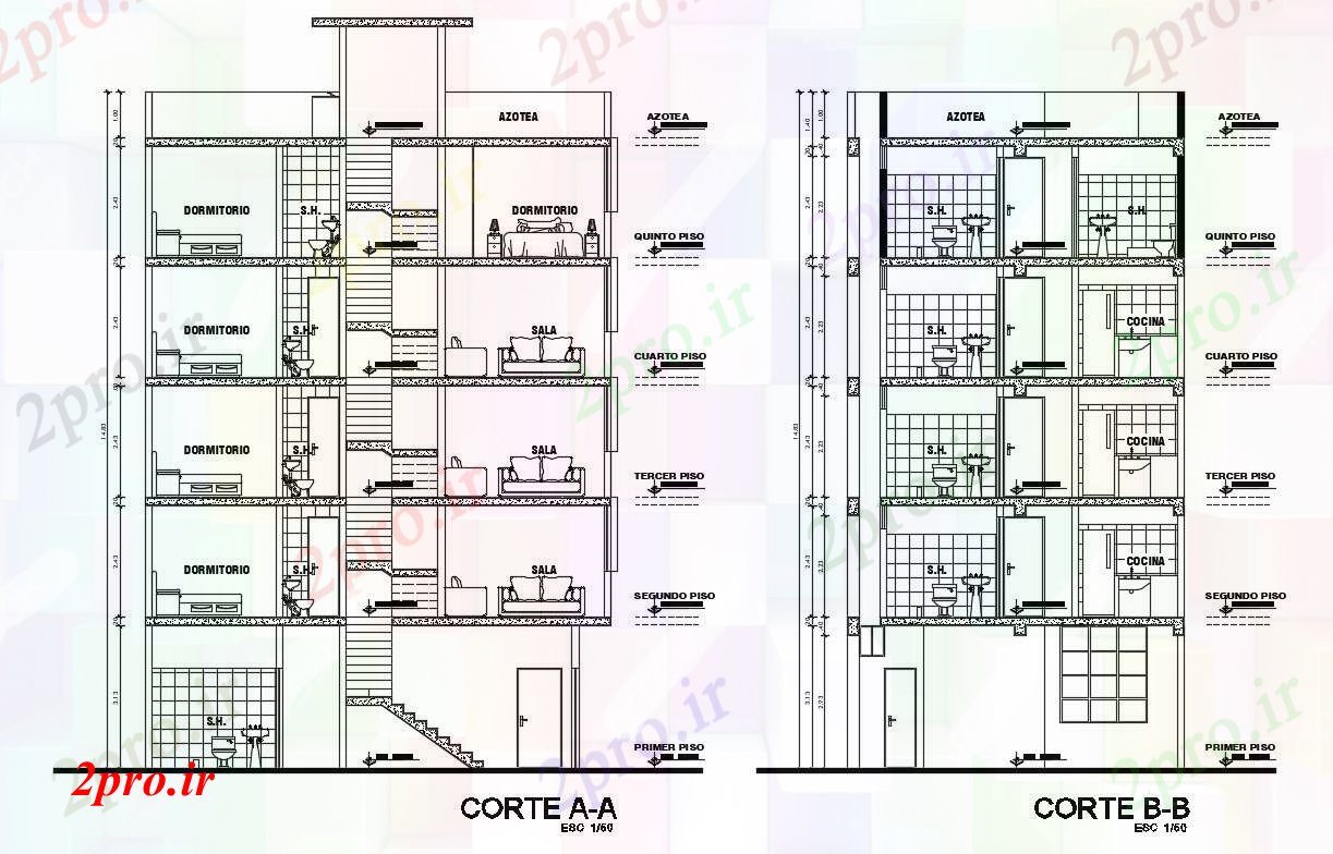 دانلود نقشه مسکونی  ، ویلایی ، آپارتمان  نما و جزئیات مقطعی از آپارتمان   چند طبقه ساخت (کد120137)