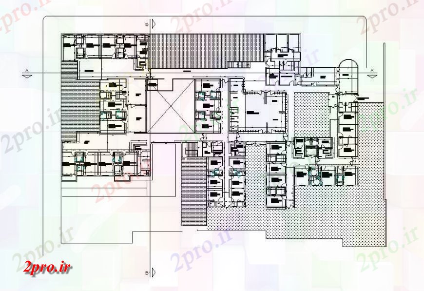 دانلود نقشه بیمارستان - درمانگاه - کلینیک توزیع کف جزئیات طرحی دوم بیمارستان عمومی طراحی جزئیات 43 در 72 متر (کد120144)