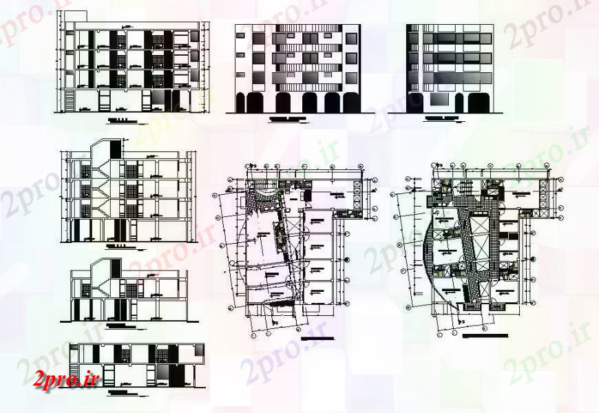 دانلود نقشه هتل - رستوران - اقامتگاه هتل ساخت نما چند دان، بخش، طرحی طبقه و خودکار 16 در 16 متر (کد120179)