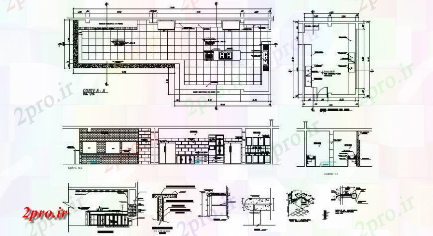 دانلود نقشه جزئیات طراحی ساخت آشپزخانه بخش و کار طرحی آشپزخانه دو بعدی   (کد120215)