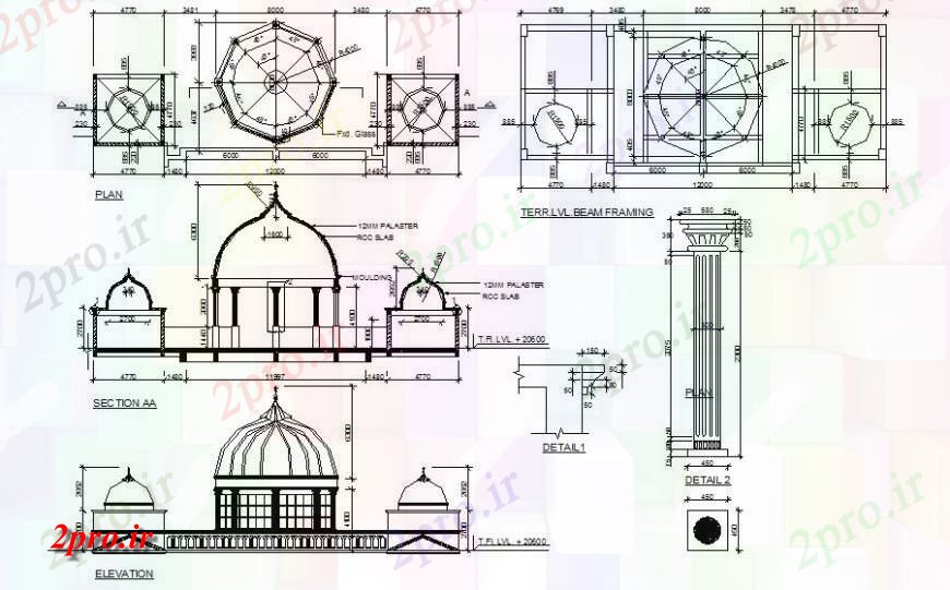 دانلود نقشه کلیسا - معبد - مکان مذهبی طرحی نمای و جزئیات مقطعی از طراحی معبد اتوکد (کد120451)