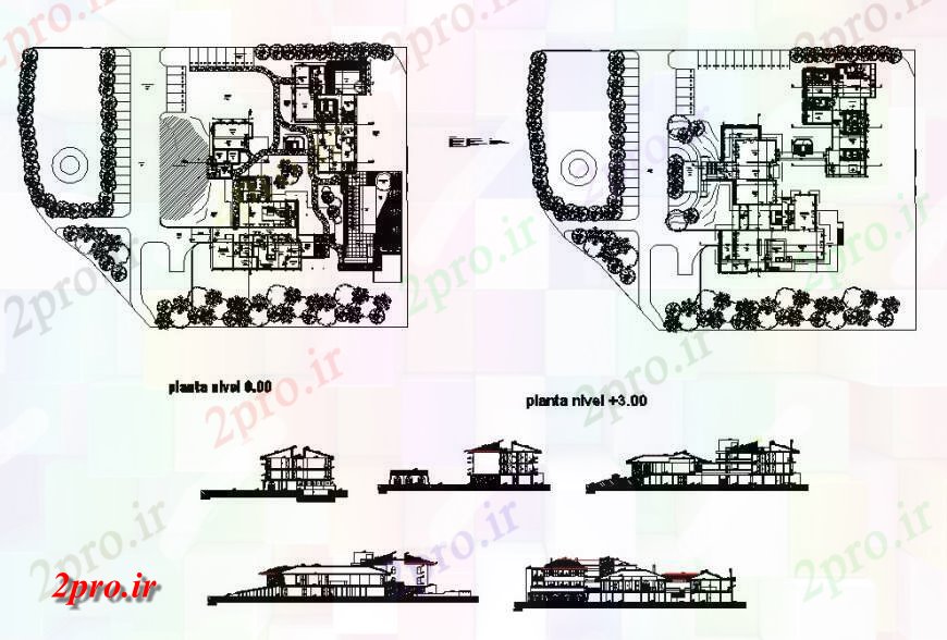 دانلود نقشه هتل - رستوران - اقامتگاه هتل شهری ساخت تمام نما طرفه، بخش و طرحی های جزئیات طراحی 43 در 56 متر (کد120519)