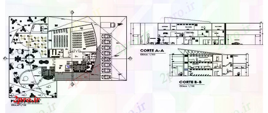 دانلود نقشه ساختمان دولتی ، سازمانی بخش موزه هنر مدرن و طرحی طبقه همکف 27 در 37 متر (کد120551)