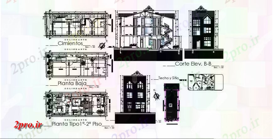 دانلود نقشه مسکونی ، ویلایی ، آپارتمان تنها نما خانواده خانههای ویلایی، بخش، طرحی طبقه و ساختار طراحی جزئیات 6 در 16 متر (کد120662)