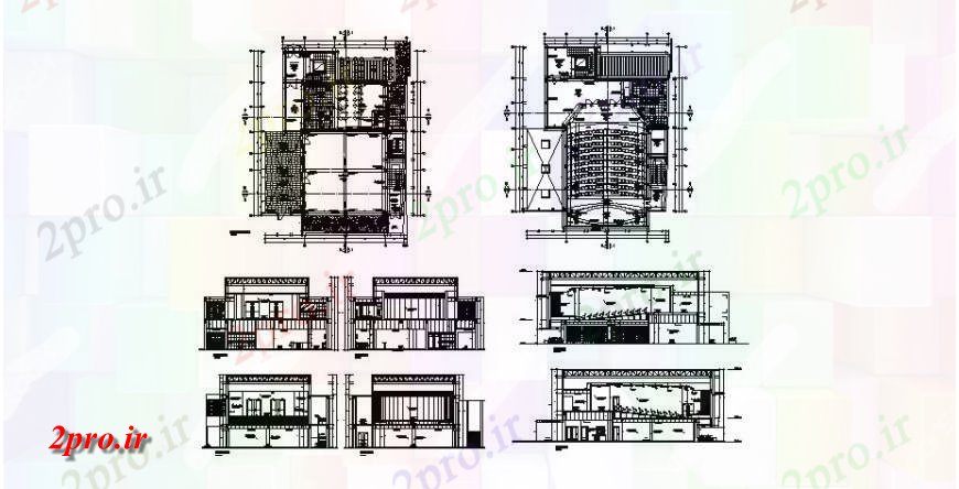 دانلود نقشه تئاتر چند منظوره - سینما - سالن کنفرانس - سالن همایشسالن سالن با کافه تریا تمام بخش و طرحی طبقه طرفه 21 در 24 متر (کد120670)