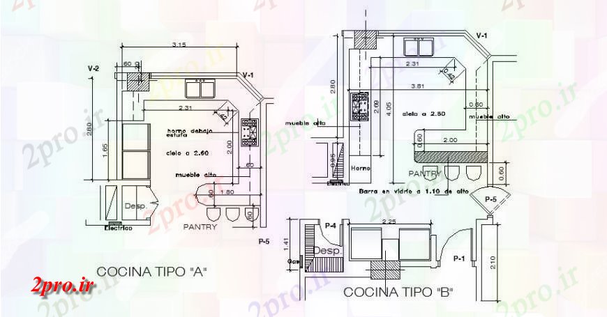 دانلود نقشه آشپزخانه نخست و طرحی های طبقه آشپزخانه دوم با مبلمان  (کد120748)