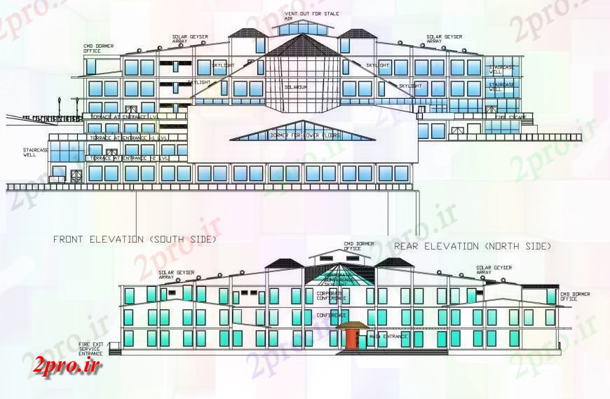 دانلود نقشه ساختمان دولتی ، سازمانی بارکننده جزئیات نما اصلی و پشت دولت چند طبقه ساخت 20 در 72 متر (کد120860)