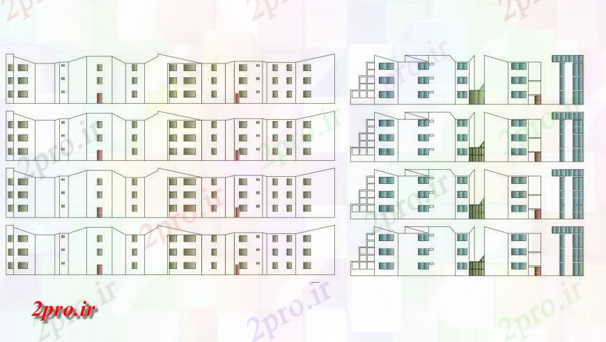 دانلود نقشه مسکونی ، ویلایی ، آپارتمان تمام جزئیات نما طرفه از چند طبقه آپارتمان مسکونی ساخت 40 در 60 متر (کد120892)