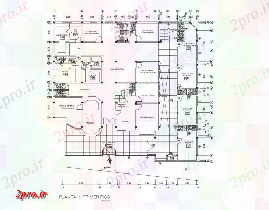 دانلود نقشه بیمارستان - درمانگاه - کلینیک اولین جزئیات طرحی توزیع کف کلینیک طراحی جزئیات 24 در 24 متر (کد120893)