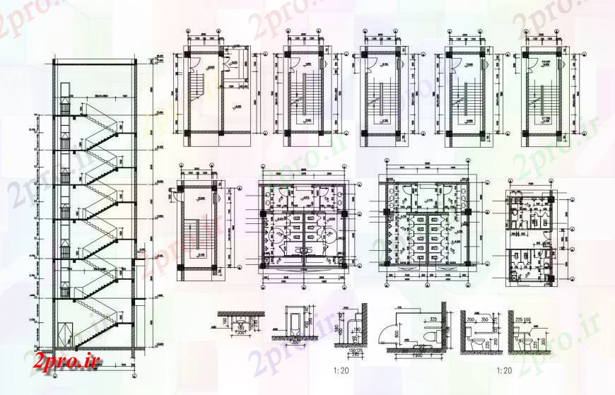 دانلود نقشه هتل - رستوران - اقامتگاه هتل چند دان بخش ساخت و ساز، طرحی طبقه، راه پله و جزئیات بهداشتی 9 در 9 متر (کد120922)