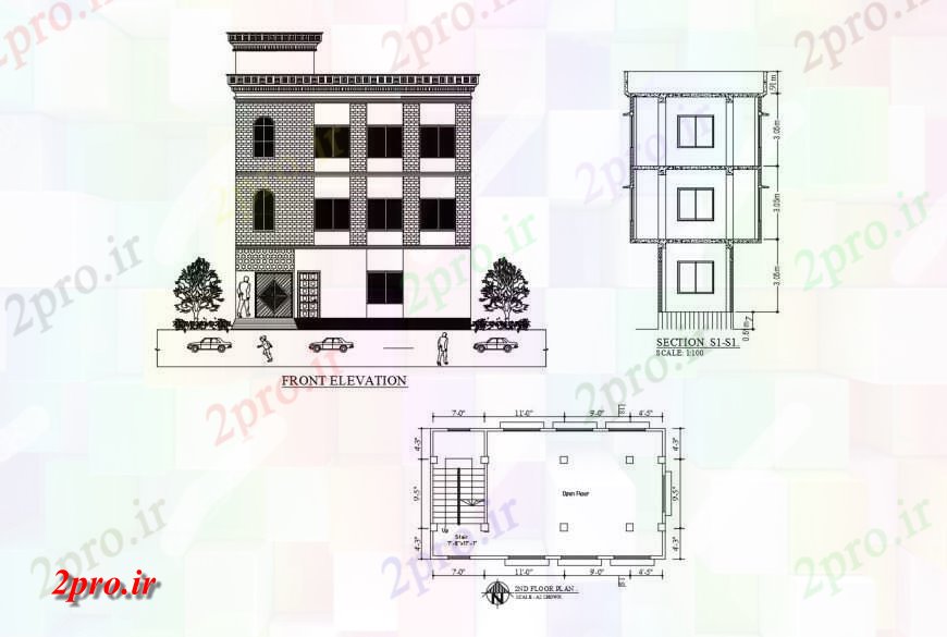 دانلود نقشه مسکونی  ، ویلایی ، آپارتمان  آپارتمان ساختمان نما اصلی، بخش و طبقه دوم طرح (کد120937)