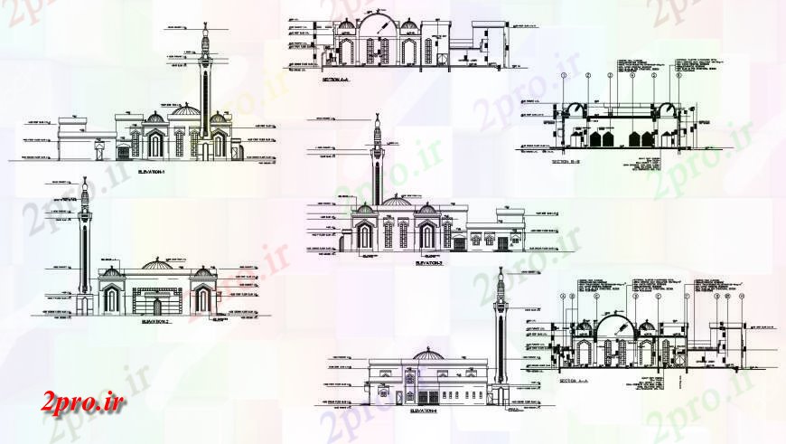 دانلود نقشه کلیسا - معبد - مکان مذهبی همه نما و مقطعی جزئیات طرفه از  مسجد مذهبی  طراحی جزئیات  (کد120955)