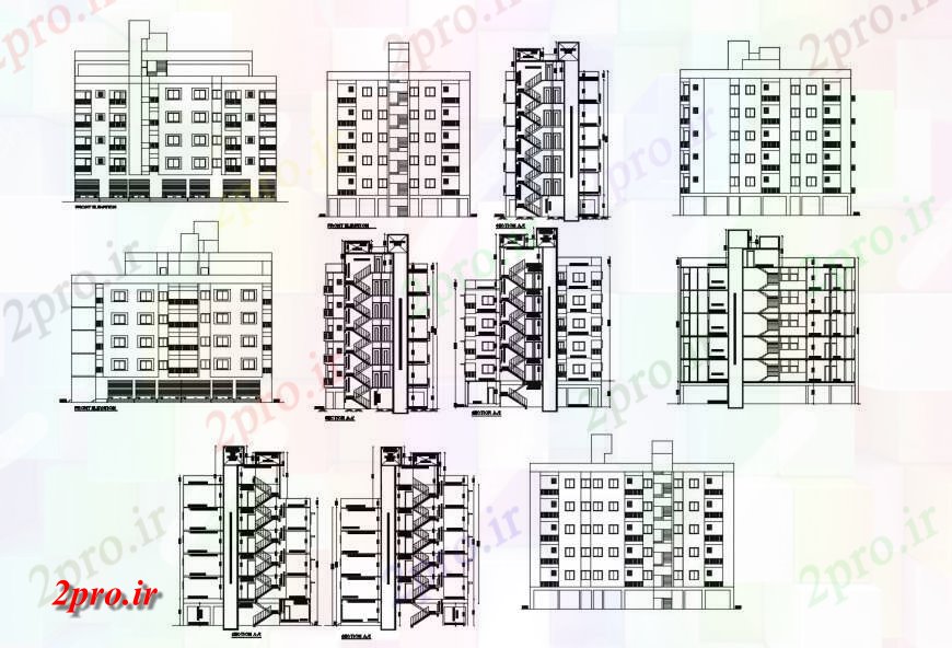 دانلود نقشه مسکونی  ، ویلایی ، آپارتمان  همه نما و بخش طراحی جزئیات طرفه از آپارتمان   چند خانواده ساخت (کد120981)