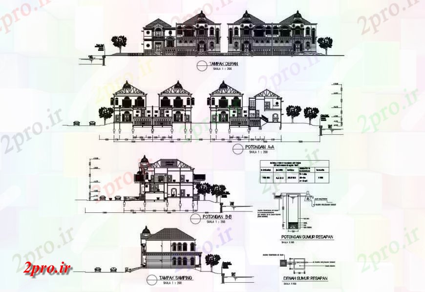 دانلود نقشه مسکونی  ، ویلایی ، آپارتمان  همه نما و مقطعی جزئیات طرفه آپارتمان   کلاسیک مسکونی ساخت (کد120992)