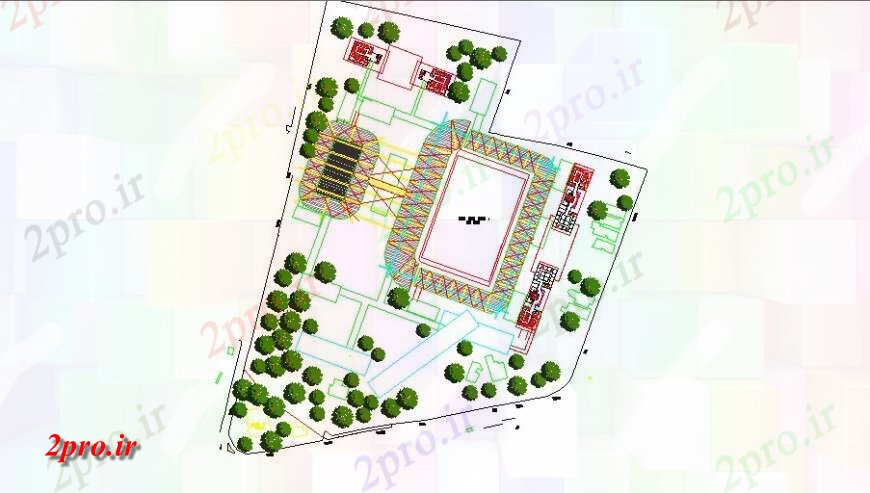 دانلود نقشه ورزشگاه ، سالن ورزش ، باشگاه طراحی معماری با محوطه سازی ساختار ورزش مرکز ساخت (کد121001)