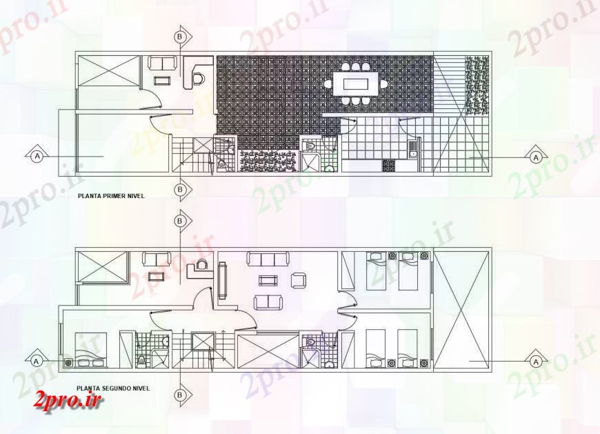 دانلود نقشه مسکونی ، ویلایی ، آپارتمان اول و دوم توزیع کف جزئیات طرحی دو طبقه ساختمان 6 در 18 متر (کد121003)