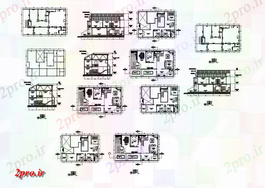 دانلود نقشه مسکونی ، ویلایی ، آپارتمان خانه بخش دو سطح، طرحی طبقه و ساختار طراحی جزئیات 12 در 17 متر (کد121020)