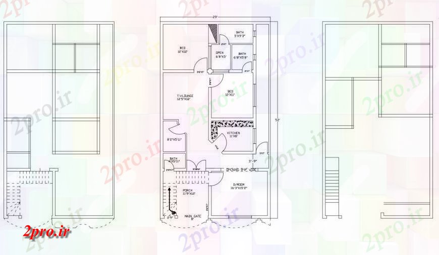 دانلود نقشه مسکونی ، ویلایی ، آپارتمان دو اتاق خواب طراحی خانه و ساختار طراحی جزئیات 34 در 62 متر (کد121021)