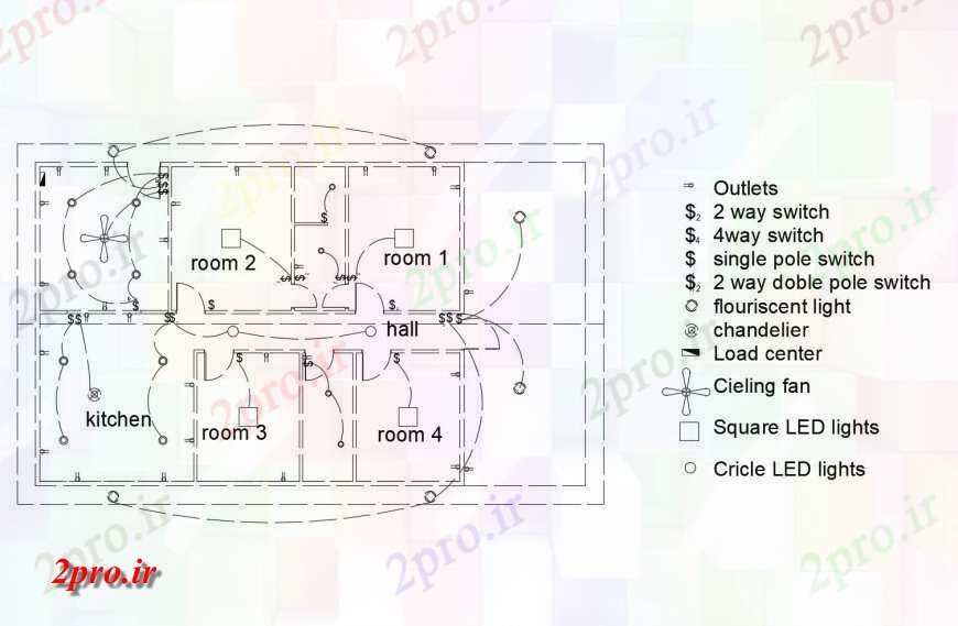 دانلود نقشه برق مسکونی برق طراحی نصب و راه اندازی چهار خوابه خانه طراحی جزئیات 8 در 13 متر (کد121027)