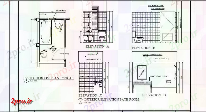 دانلود نقشه حمام مستر نما داخلی، بخش و جزئیات طرحی نمونه ای از خانه حمام (کد121091)