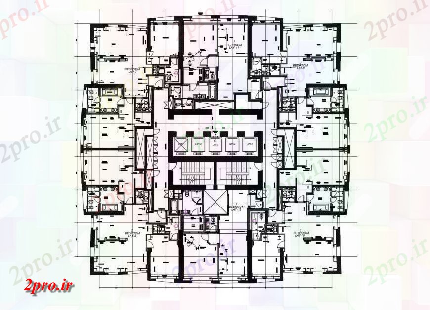دانلود نقشه مسکونی  ، ویلایی ، آپارتمان  طراحی توزیع کف از ساختمان آپارتمان   با طرحی مبلمان (کد121137)